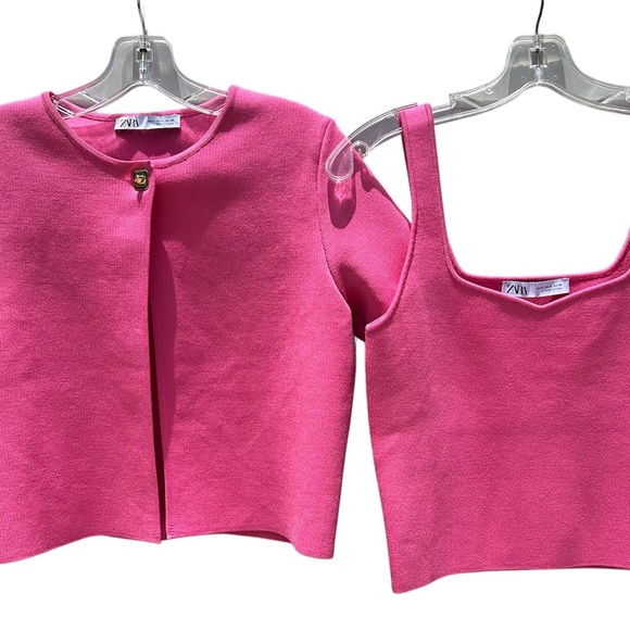 Zara Sweaters - NWOT ZARA 2 Pc Pink October Stretch Knit Sz M Cropped Tank Open Cardigan SET NEW